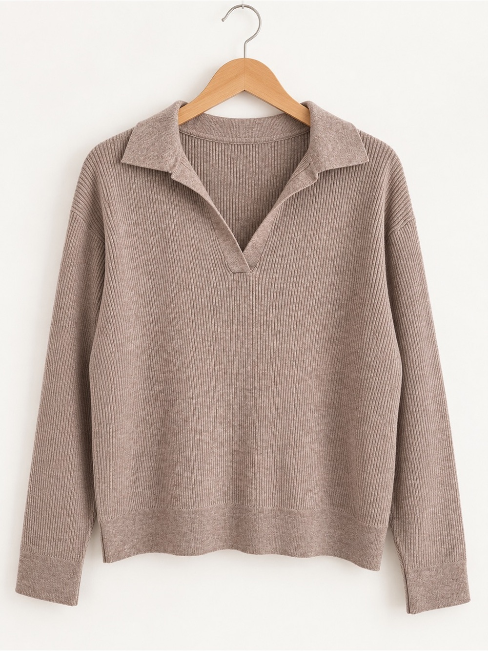 Uniqlo Cozy Collared V-Neck Ribbed Sweater - Taupe